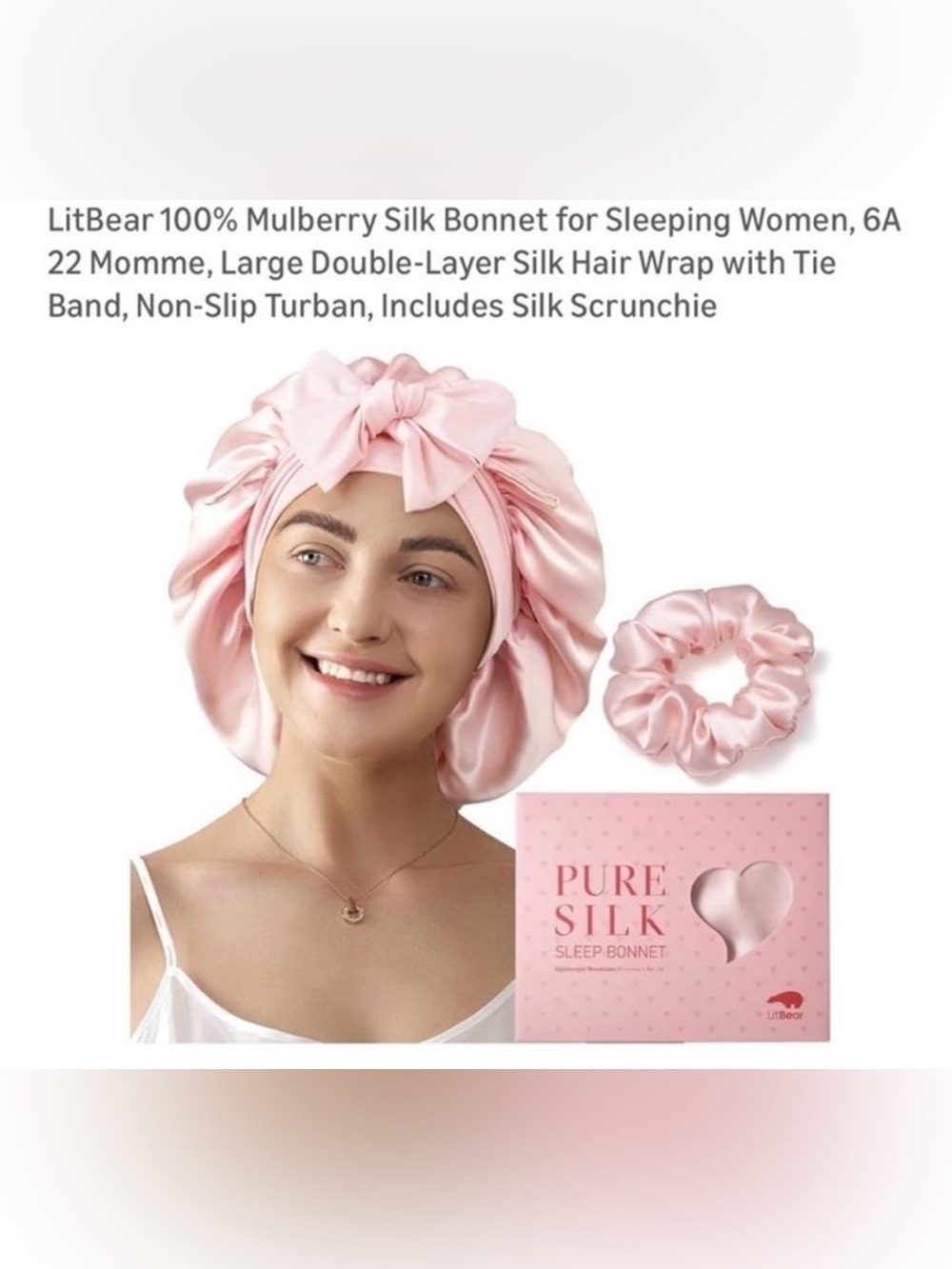 100% Mulberry Silk Sleep Bonnet and Scrunchie Set - Pink NIP & Sealed